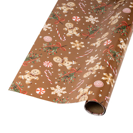 Cozy reversible Xmas paper with brown gingerbread, peppermint, snowflake print and deep red holiday lettering