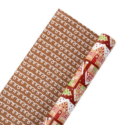 Two-sided wrapping paper combining charming gingerbread house artwork and clean icing-style swirl design