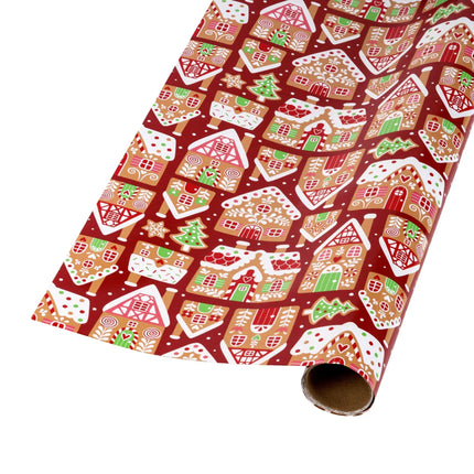 Sweet reversible Xmas paper with red-background gingerbread homes and warm brown icing swirls