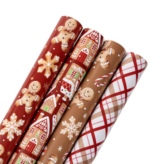 Assorted Xmas wrapping paper set featuring sweet gingerbread cookie, snowflake and classic red plaid seasonal patterns