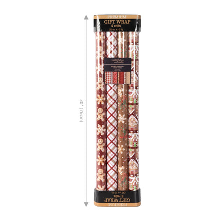 4-pack 30"x10' reversible holiday wrap bundle with cozy gingerbread man, cookie house and warm plaid prints