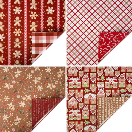Four rolls of warm-toned gift wrap packed with charming gingerbread house, candy and snowflake designs