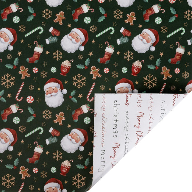 30"x10' reversible holiday wrap with jolly Santa and treats print on dark green front, plus "Merry Christmas" script reverse