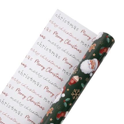Two-sided wrapping paper combining whimsical Santa & holiday treats artwork and clean "Merry Christmas" text design