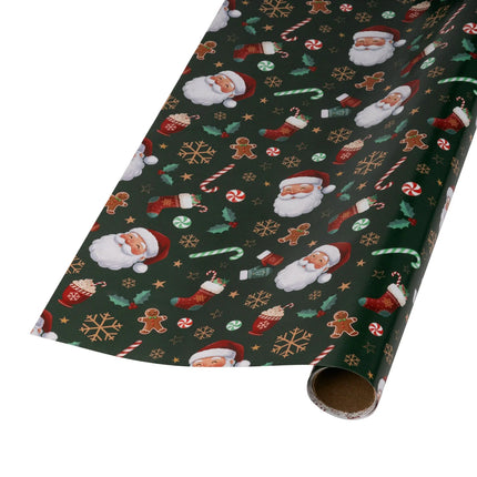 Reversible Xmas paper with Santa, candy cane and hot cocoa motifs on green, and mixed "Merry Christmas" script