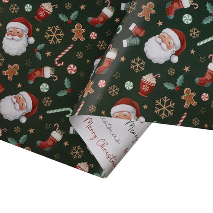 Double-sided gift wrap featuring cozy Santa, gingerbread and stocking pattern paired with elegant holiday script