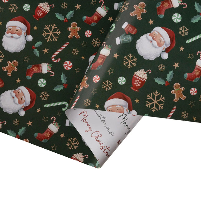 Double-sided gift wrap featuring cozy Santa, gingerbread and stocking pattern paired with elegant holiday script