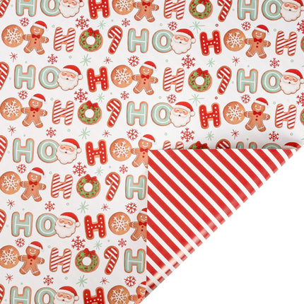 30"x10' reversible holiday wrap with HO HO Santa and treats print front and classic red-white diagonal stripe reverse