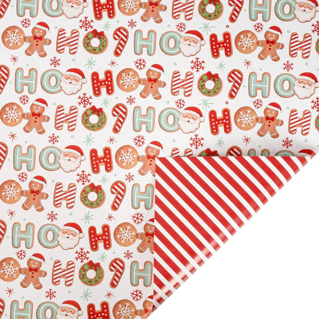 30"x10' reversible holiday wrap with HO HO Santa and treats print front and classic red-white diagonal stripe reverse