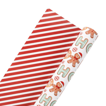 Two-sided wrapping paper combining whimsical HO HO holiday treats artwork and clean alternating red-white stripe design