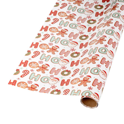 Reversible Xmas paper with Santa gingerbread HO HO motif on white, paired with timeless red-white stripe