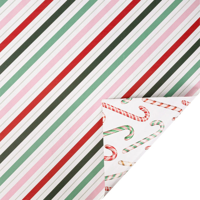 30"x10' reversible holiday wrap with multi-color candy stripe front and whimsical candy cane print reverse