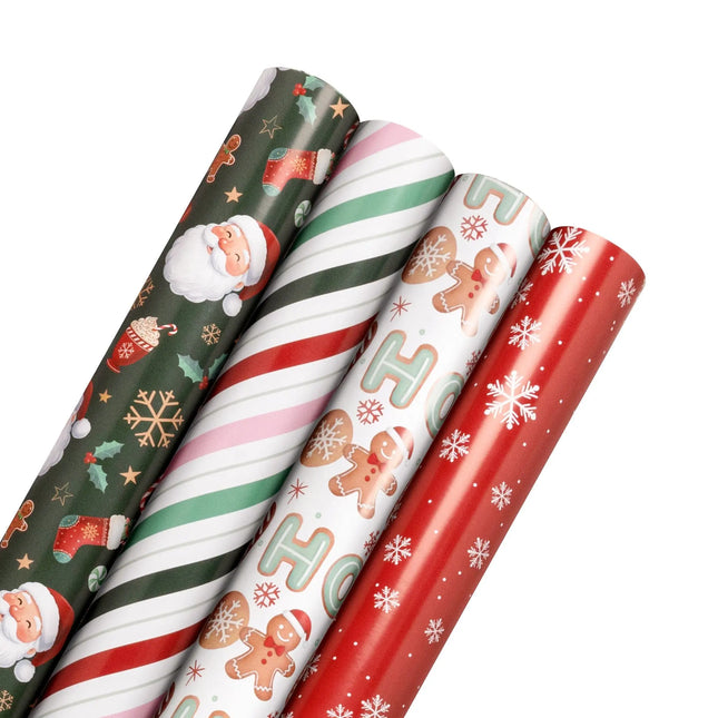 Assorted Xmas wrapping paper set featuring jolly Santa, sweet gingerbread, multi-color stripe and classic snowflake seasonal patterns.