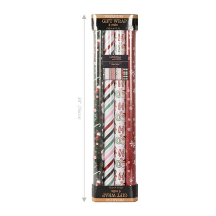 4-pack 30"x10' reversible holiday wrap bundle with Santa, gingerbread, candy stripe and snowflake prints