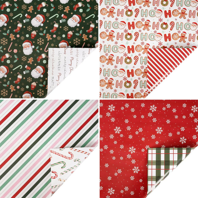 Four rolls of festive gift wrap packed with Santa, stocking, cookie and snowflake designs for holiday craft 