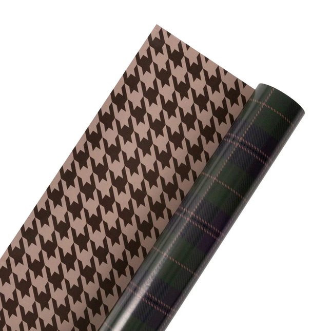 Double-sided gift wrap featuring classic fashion tartan plaid and timeless brown herringbone pattern