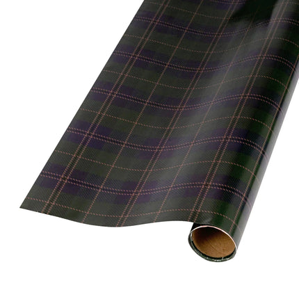 Two-sided wrapping paper combining dark green-blue plaid and neutral houndstooth-style herringbone