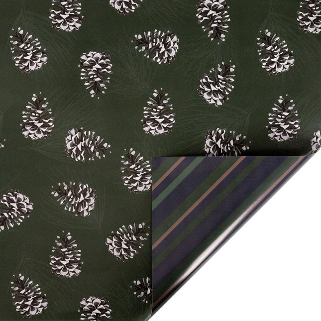 30"x10' reversible holiday wrap with pine cone print on forest green front and classic diagonal stripe reverse