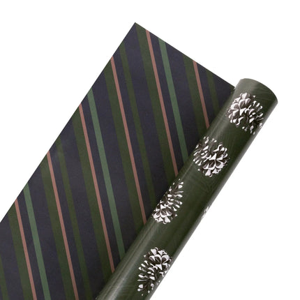 Two-sided wrapping paper combining rustic pine cone artwork and refined multi-color diagonal stripe design