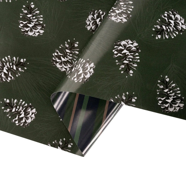 Double-sided gift wrap featuring natural pine cone pattern and sophisticated diagonal stripe