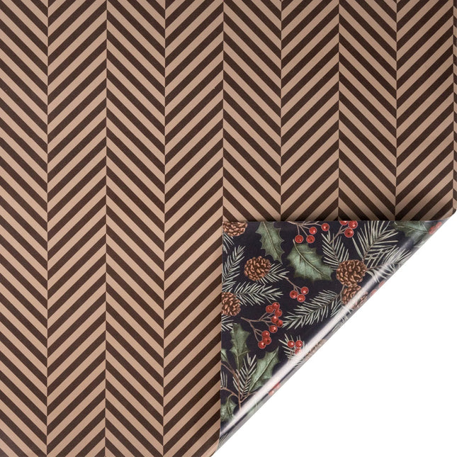 30"x10' reversible holiday wrap with warm holiday tweed chevron front and rich holly pinecone print reverse