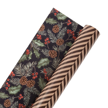 Two-sided wrapping paper combining neutral chevron tweed design and moody holly pinecone artwork