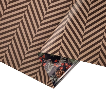 Double-sided gift wrap featuring classic brown herringbone tweed and deep holly berry pattern