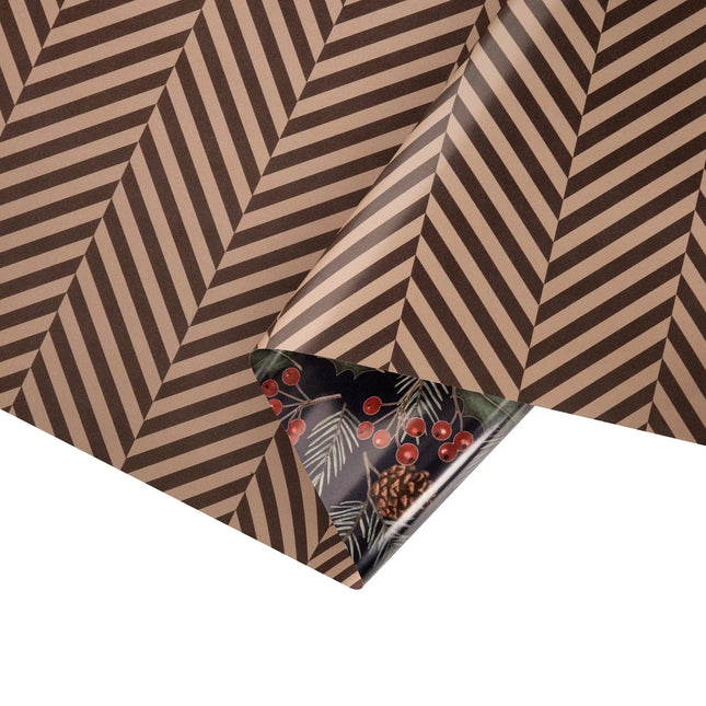 Double-sided gift wrap featuring classic brown herringbone tweed and deep holly berry pattern