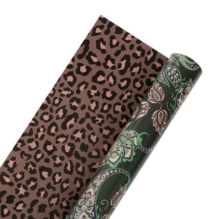 Two-sided holiday wrapping paper combining intricate green paisley artwork and classic leopard print