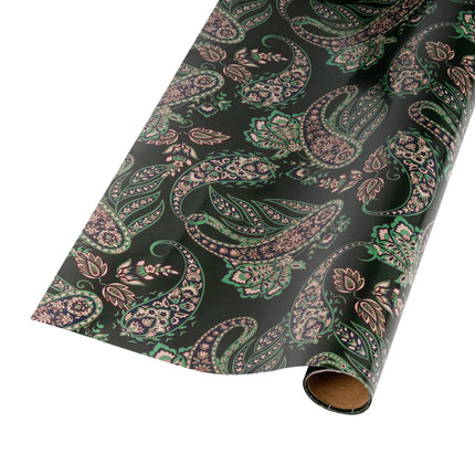 Reversible Christmas paper, with rich green paisley design and sleek animal print