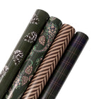Assorted fashion-forward Xmas wrapping paper set featuring elegant pine cone, paisley, herringbone and classic tartan seasonal patterns.