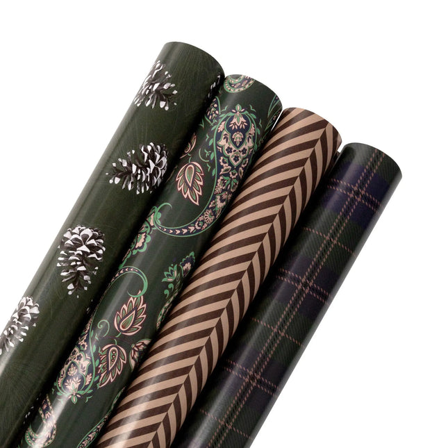 Assorted fashion-forward Xmas wrapping paper set featuring elegant pine cone, paisley, herringbone and classic tartan seasonal patterns.