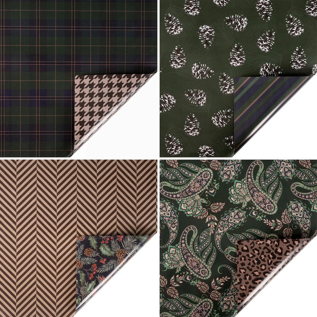 Four rolls of premium gift wrap with chic forest-inspired designs including pine cones, paisley florals, chevron stripes and dark plaid.