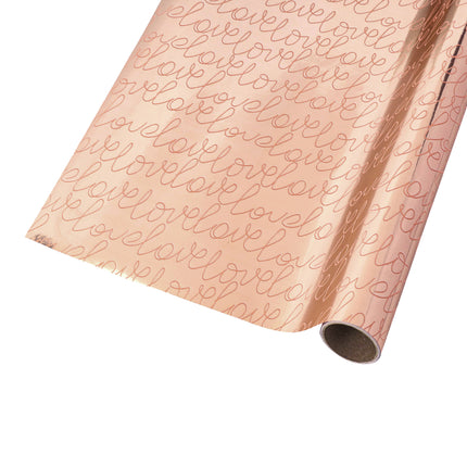 Roll of rose gold “love” script metallic wrapping paper; gift packaging.