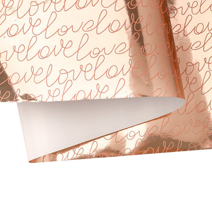 Rose gold “love” script wrapping paper (white back) detail; gift wraps.