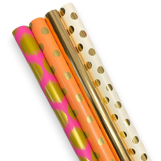 30" X 10' Wrapping Paper Bundle (4-Pack) | Metallic Gold Dot Multi LaRibbons and Crafts