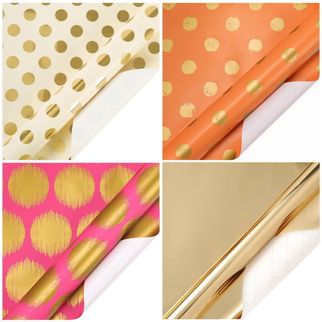 30" X 10' Wrapping Paper Bundle (4-Pack) | Metallic Gold Dot Multi LaRibbons and Crafts