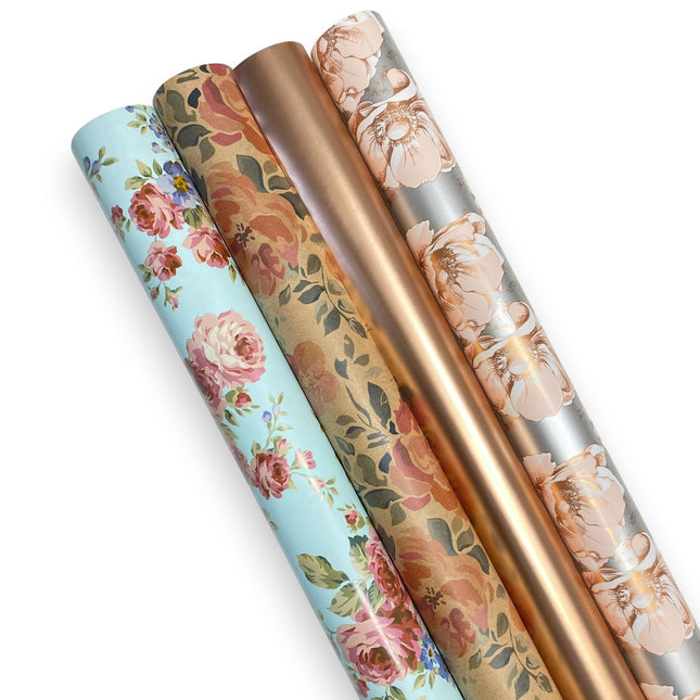 30" x 10' Wrapping Paper Bundle (4-Pack) | Floral Rose Gold Multi LaRibbons and Crafts