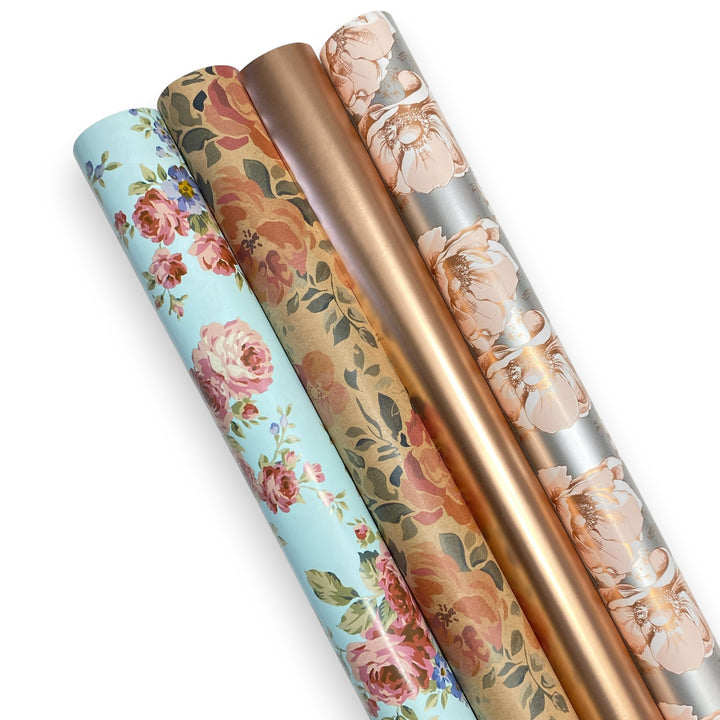 30" x 10' Wrapping Paper Bundle (4-Pack) | Floral Rose Gold Multi