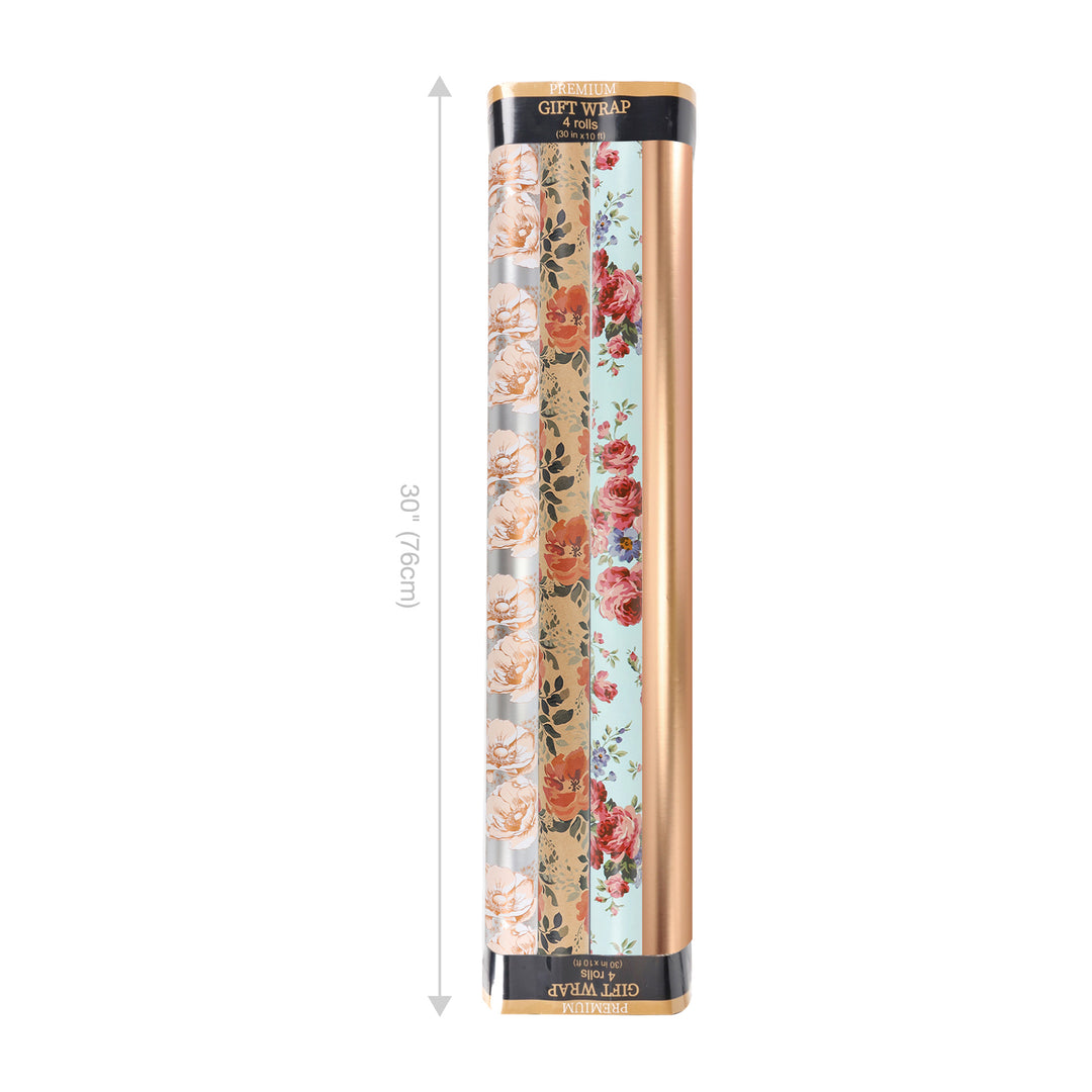 30" x 10' Wrapping Paper Bundle (4-Pack) | Floral Rose Gold Multi