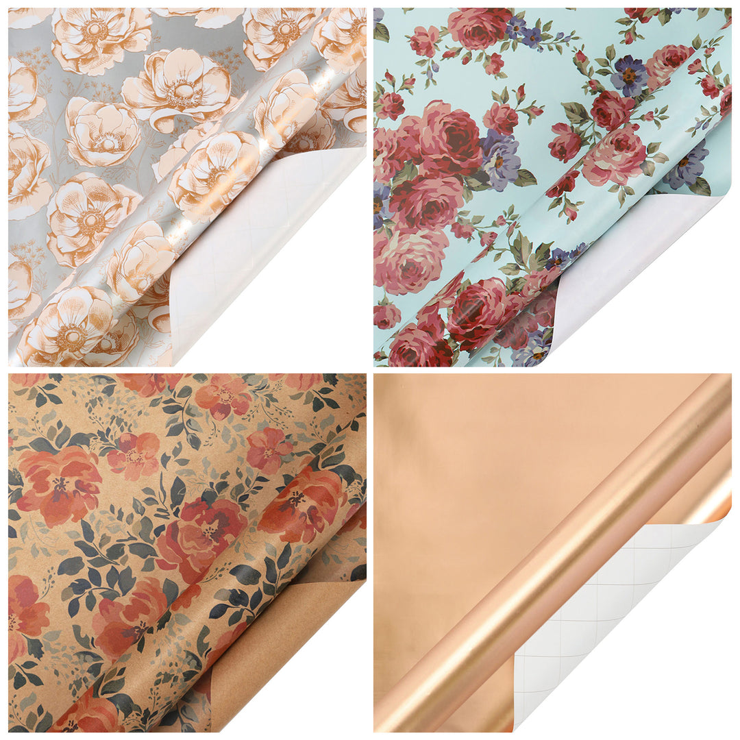 30" x 10' Wrapping Paper Bundle (4-Pack) | Floral Rose Gold Multi