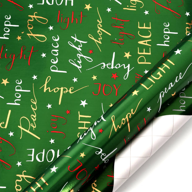 30" x 10' Holiday Wrapping Paper | Hope, Peace, Light Script