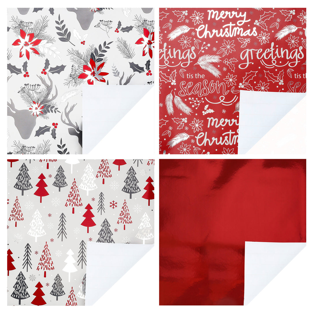 30" x 10' Wrapping Paper Bundle (4-pack) | Red/Silver/Xmas Metallic