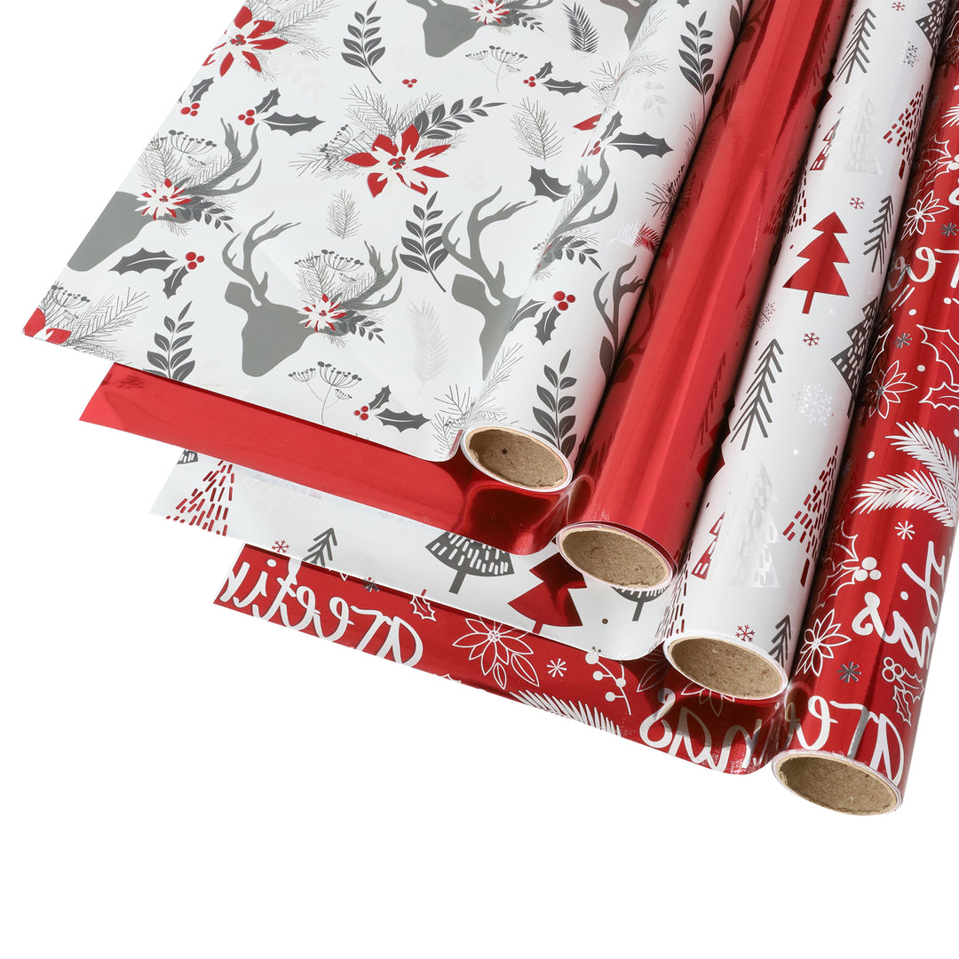 30" x 10' Wrapping Paper Bundle (4-pack) | Red/Silver/Xmas Metallic