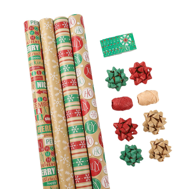 LaRibbons 30" x 10' Christmas Holiday Gift Wrap Kit | Kraft Red/Green Ornament LaRibbons and Crafts
