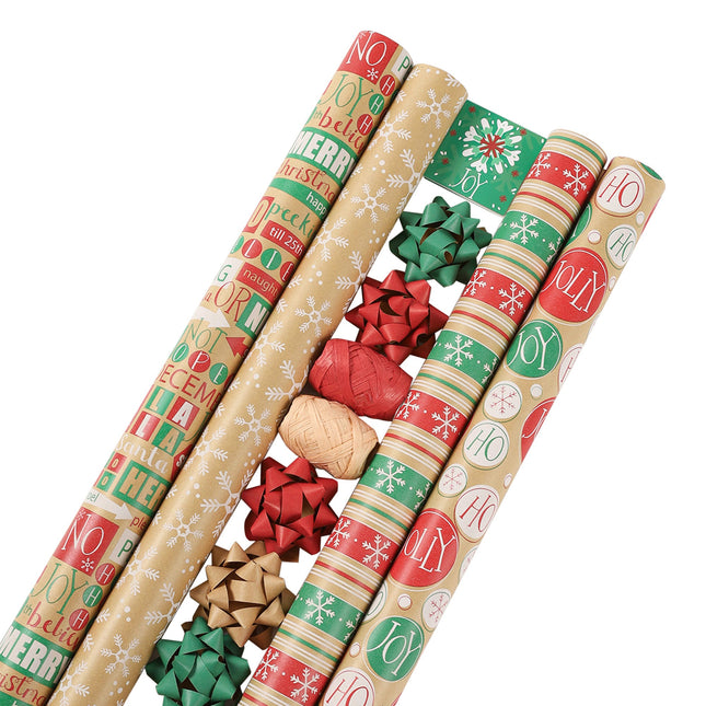 LaRibbons 30" x 10' Christmas Holiday Gift Wrap Kit | Kraft Red/Green Ornament LaRibbons and Crafts