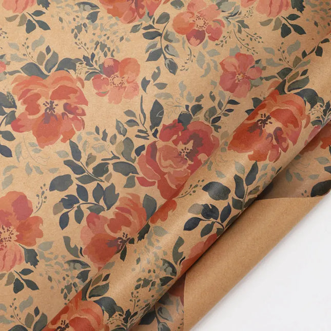30" x 10' Wrapping Paper, Kraft with Pink Floral Print, for rustic gift wrapping