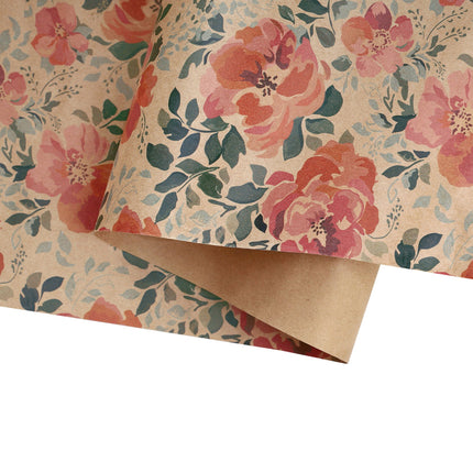 Kraft pink floral wrapping paper (detail); eco-friendly, decorative gifting.