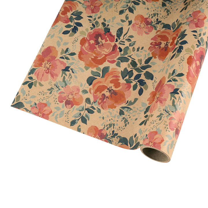 30" x 10' Wrapping Paper | Kraft Pink Floral