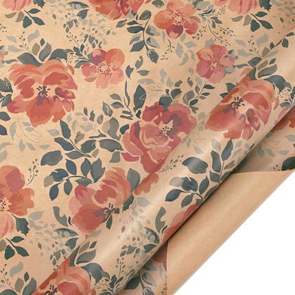 Kraft pink floral wrapping paper; rustic-chic gift wrapping.